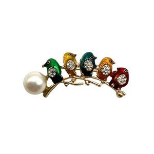 Enamel Animal Bird Pearl Brooch Gold Tone Foundation Pin Closure